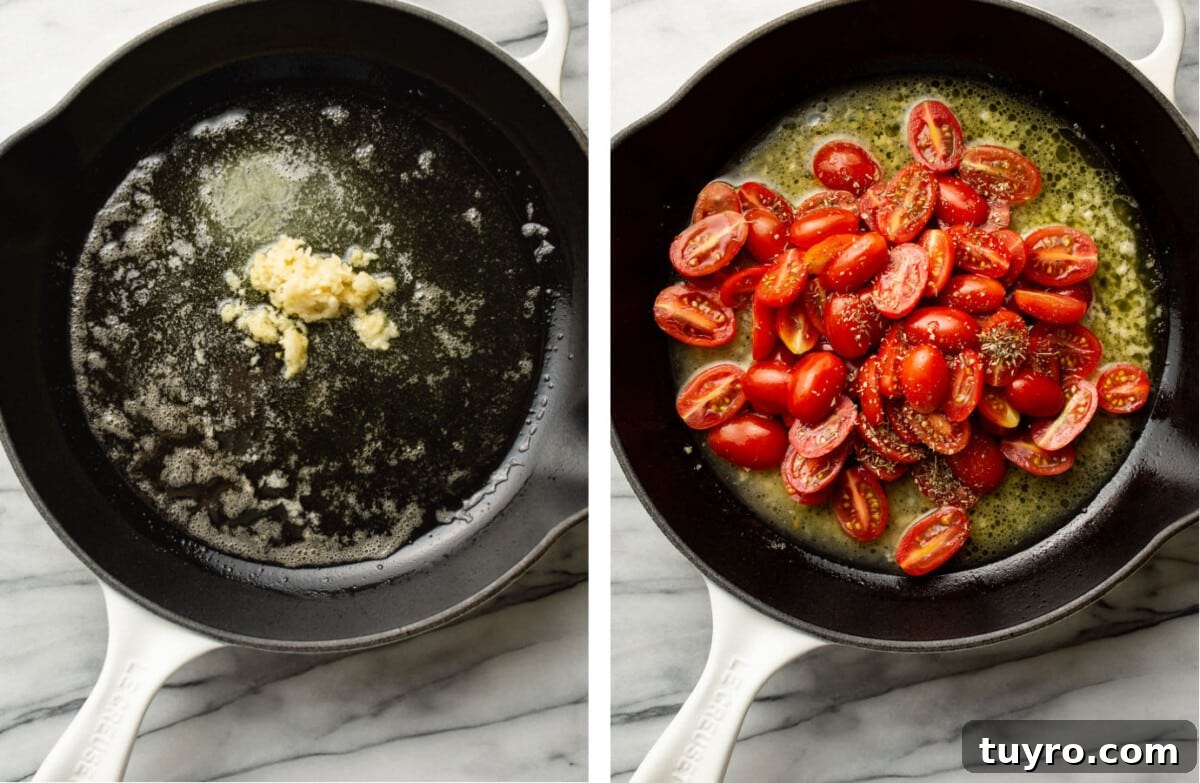 Garlic Shrimp Pasta with Tomato & Spinach Sauce 4 frying garlic in a skillet and adding in broth, tomatoes, and seasoning