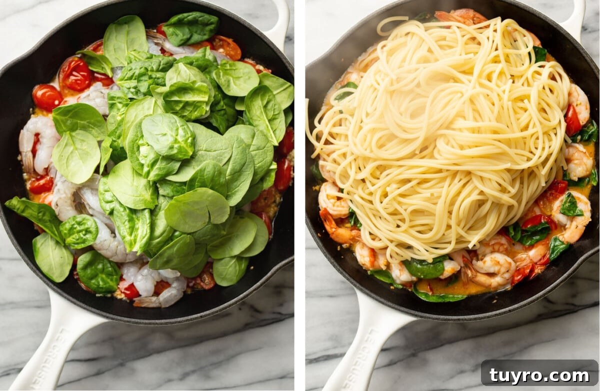 Garlic Shrimp Pasta with Tomato & Spinach Sauce 5 adding shrimp and spinach to a skillet and tossing with spaghetti