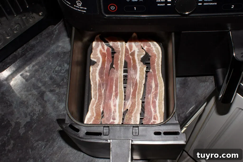 Crispy 10-Minute Air Fryer Bacon Recipe (UK) 11 Uncooked streaky bacon in an air fryer