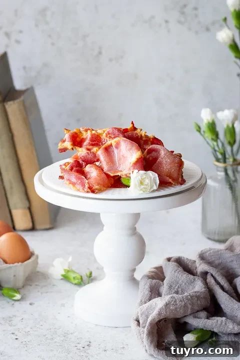 Crispy 10-Minute Air Fryer Bacon Recipe (UK) 13 A plate of air fried bacon on a stand
