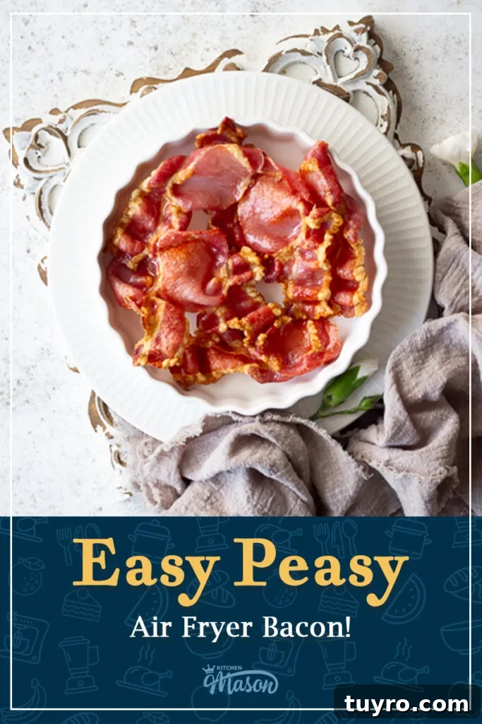 Crispy 10-Minute Air Fryer Bacon Recipe (UK) 16 Air fried bacon in a white dish with a napkin at the side. A text overlay says 'Easy Peasy Air Fryer Bacon'.