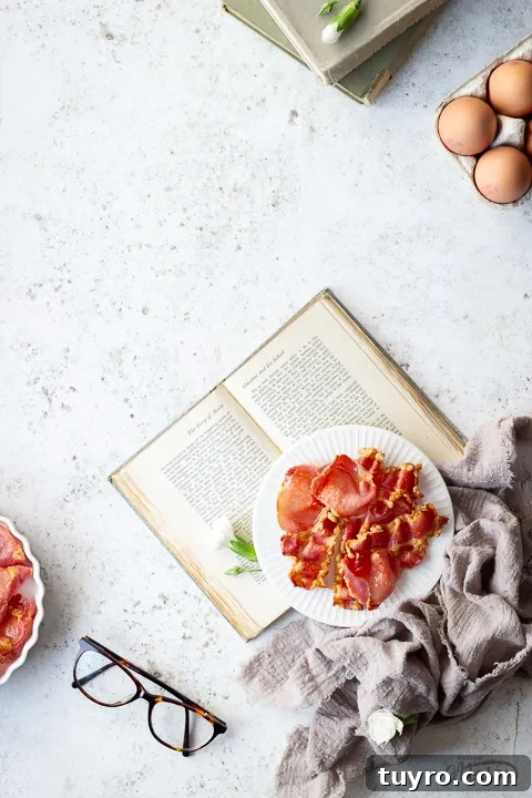Crispy 10-Minute Air Fryer Bacon Recipe (UK) 4 A plate of air fryer bacon on a book