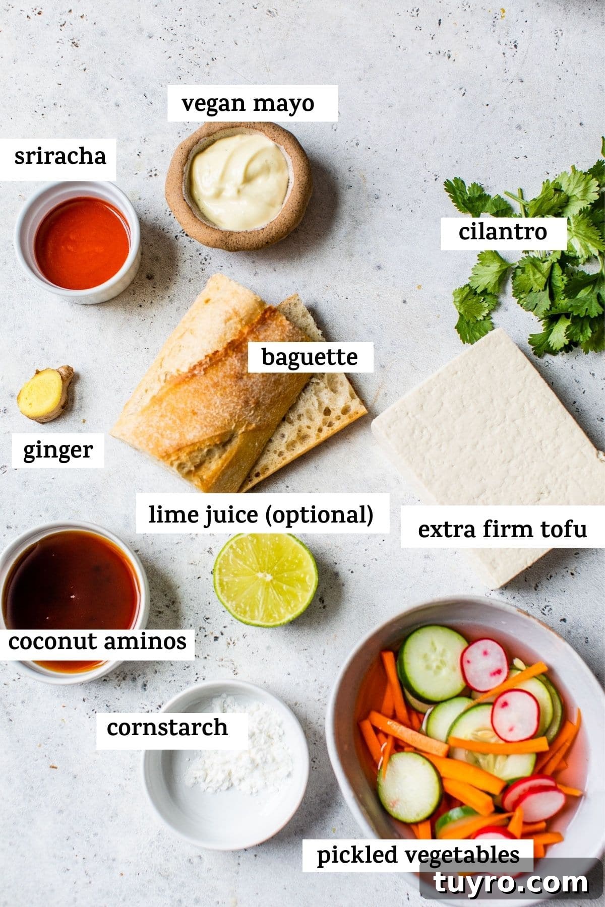 Tofu Banh Mi Sandwich with Pickled Vegetables 3 sandwich ingredients on a table with text overlay