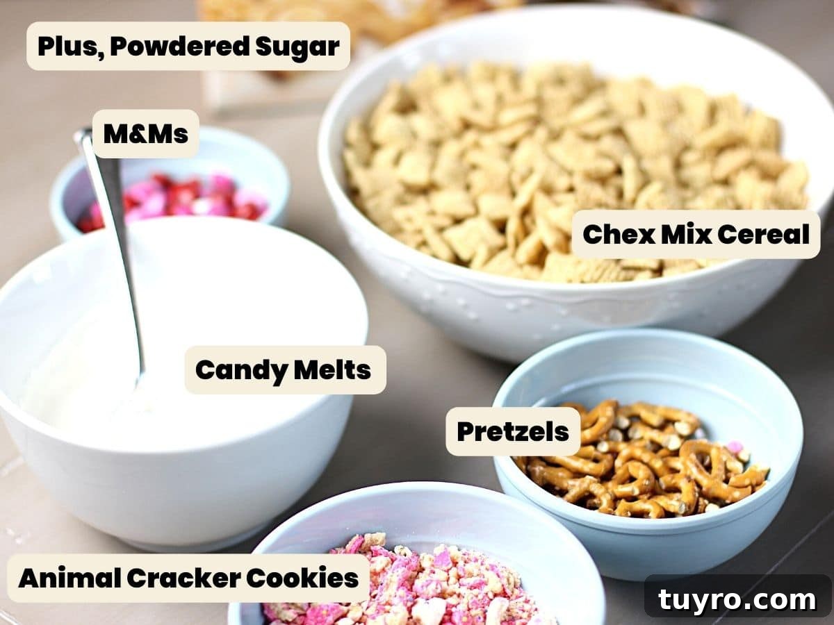 Valentines Day Puppy Chow Recipe 5 Ingredients to make puppy chow for Valentine's Day.