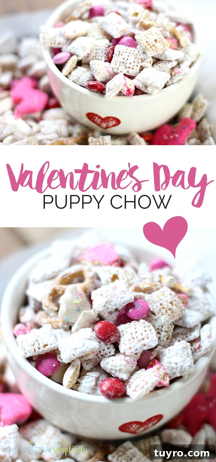 Valentines Day Puppy Chow Recipe 8 Valentine's Day Puppy Chow is the perfect treat for the holiday. An amazing combination of salty and sweet that's kinda addictive! With a few simple ingredients you can munch on this delicious dessert in minutes.