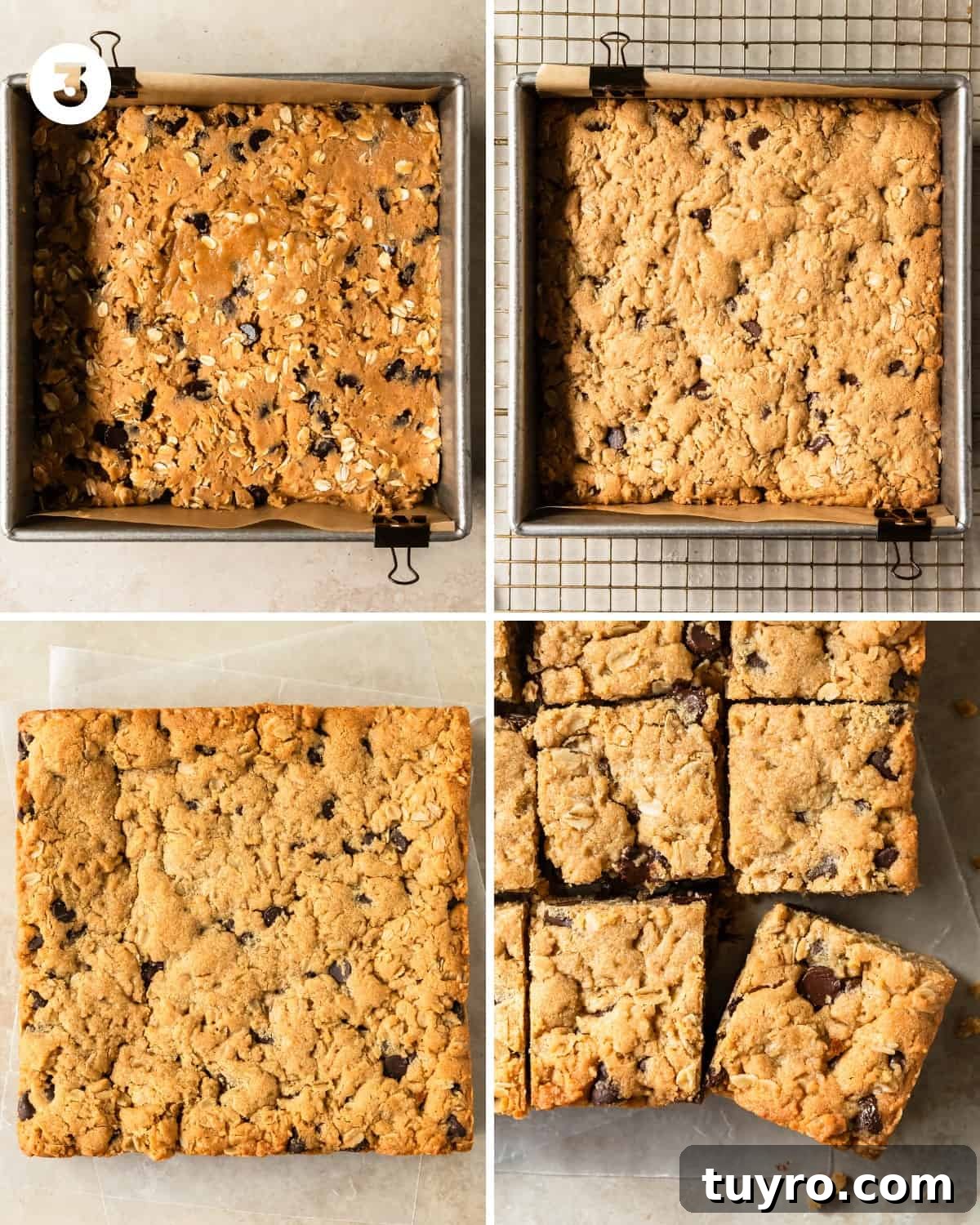 Chewy Peanut Butter Oatmeal Bars Recipe for Snack Time 6 Press the peanut butter oat dough into the prepared pan. Use a flexible spatula to smooth the dough evenly across the pan. Top with the reserved chocolate chips. Bake for about 20 - 25 minutes or until the edges of bars are a light golden brown, slightly puffed up and the edges are slightly pulled away from the sides of the pan. Cool the peanut butter oat bars in the hot pan until room temperature. This takes about 45 - 60 minutes. When the oatmeal bars have cooled long enough to transfer out of the pan without breaking, use the excess parchment paper on the long sides of the pan and gently lift the bars out of the pan and to cool on a cooling rack, then slice and enjoy.