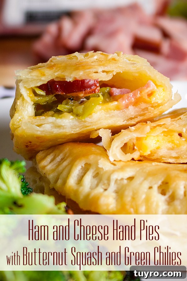 Two ham and cheese hand pies on a plate, one broken open to see the filling.