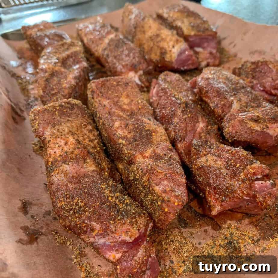 Smoked Country-Style Pork Ribs Recipe for Tender, Flavorful Meat 3 uncooked 4" strips of boneless country style ribs with a bbq rub added