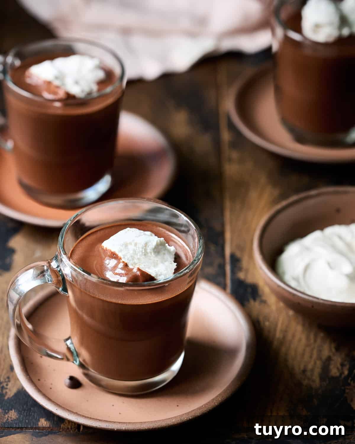 Creamy Vegan Hot Chocolate Recipe 12 Three glass mugs filled with hot chocolate and whipped cream on plates on a wood table.