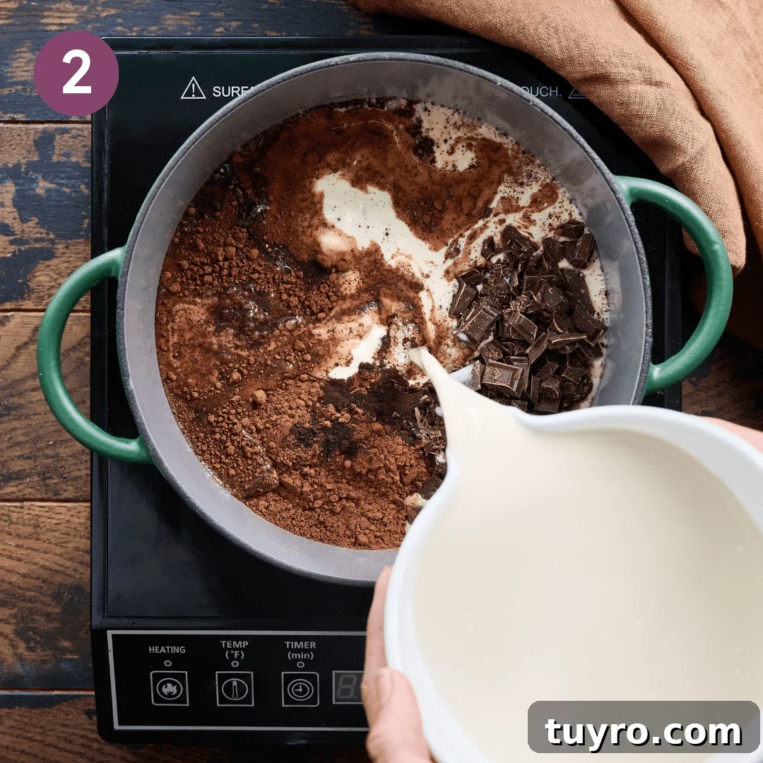 Creamy Vegan Hot Chocolate Recipe 7 Oat and coconut milk being poured into the rest of hot chocolate ingredients in a pot on a portable stovetop.