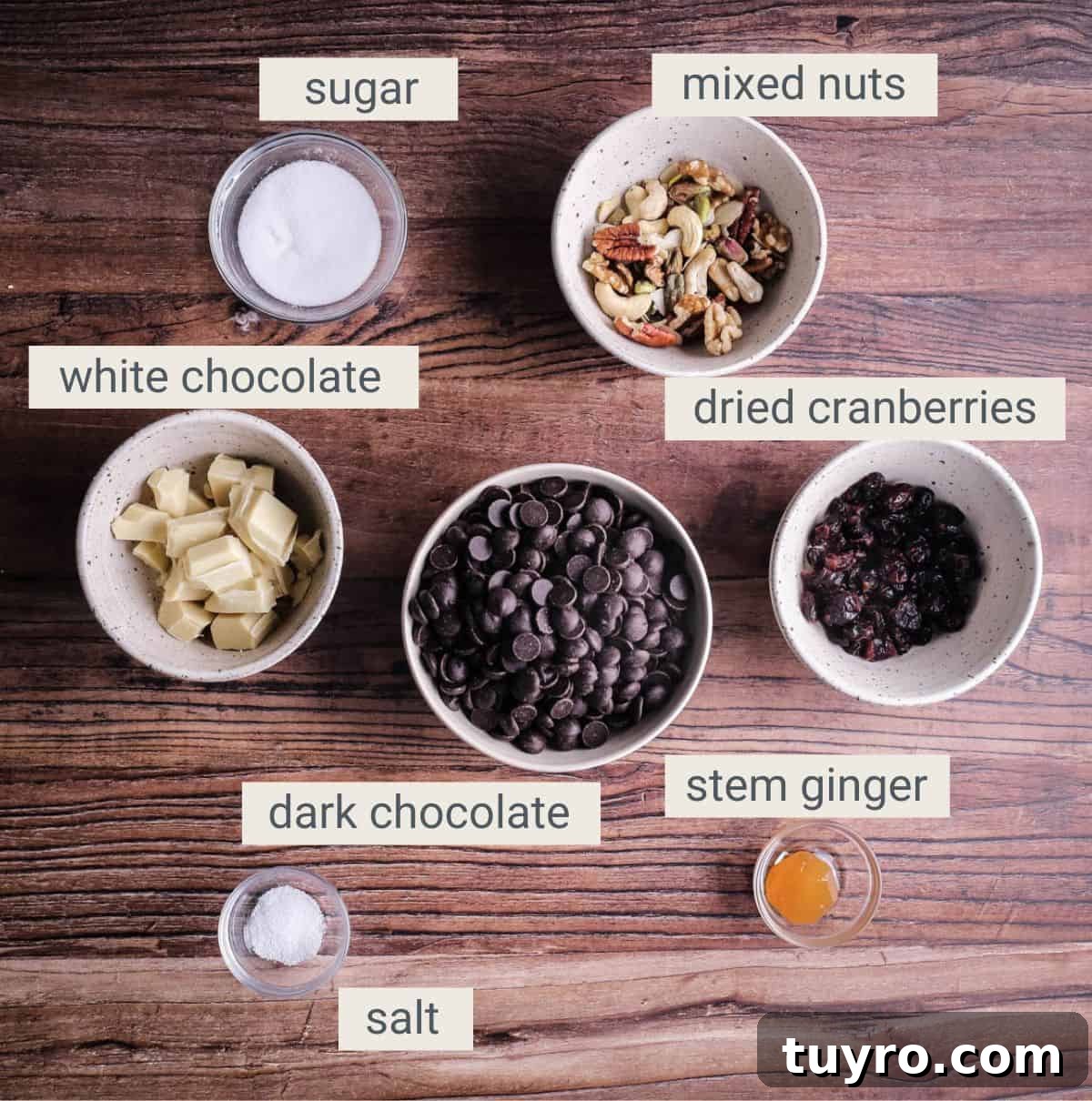 Christmas Chocolate Bark Recipe with Festive Toppings 4 Chocolate Bark ingredients on a table.