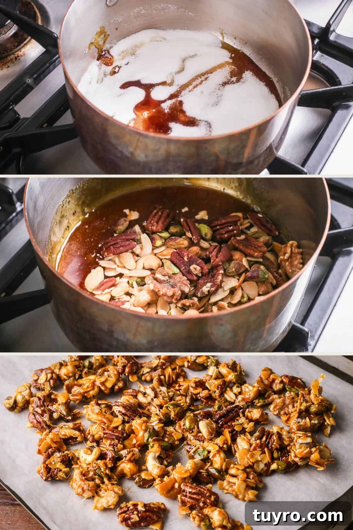 Christmas Chocolate Bark Recipe with Festive Toppings 6 White sugar melting into caramel in saucepan. Mixed nuts added and coated in caramel, then tipped out onto baking tray.