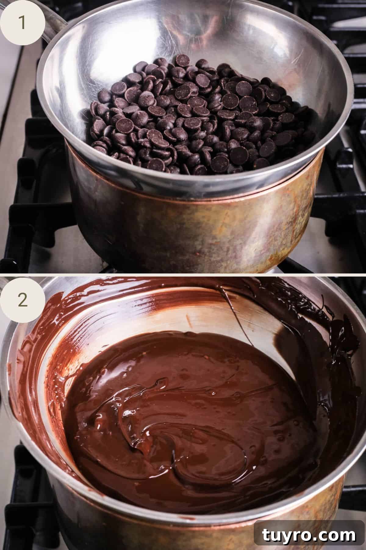 Christmas Chocolate Bark Recipe with Festive Toppings 7 Dark chocolate melting in a bowl set over a pan of simmering water.