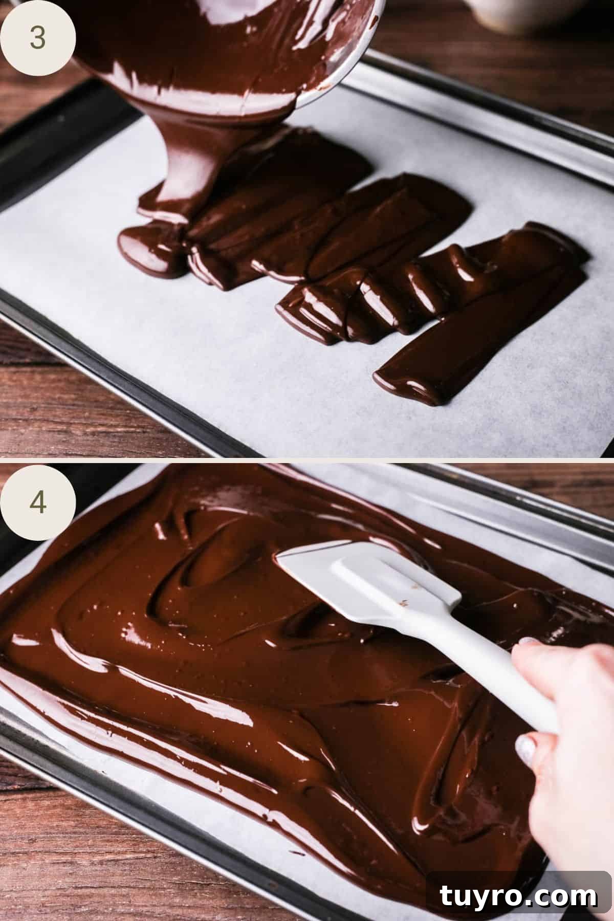 Christmas Chocolate Bark Recipe with Festive Toppings 8 Dark chocolate poured out onto baking parchment lined baking tray and smoothed out to an even layer.
