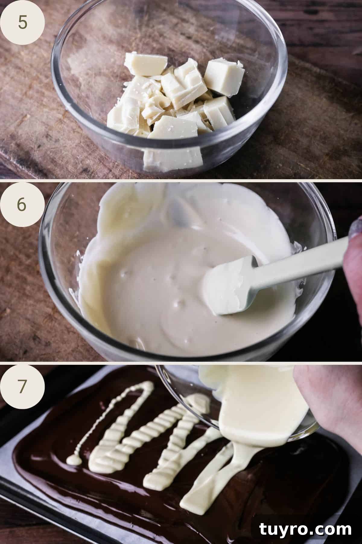 Christmas Chocolate Bark Recipe with Festive Toppings 9 White chocolate in a bowl before and after melting. Poured over dark chocolate in zig zags.