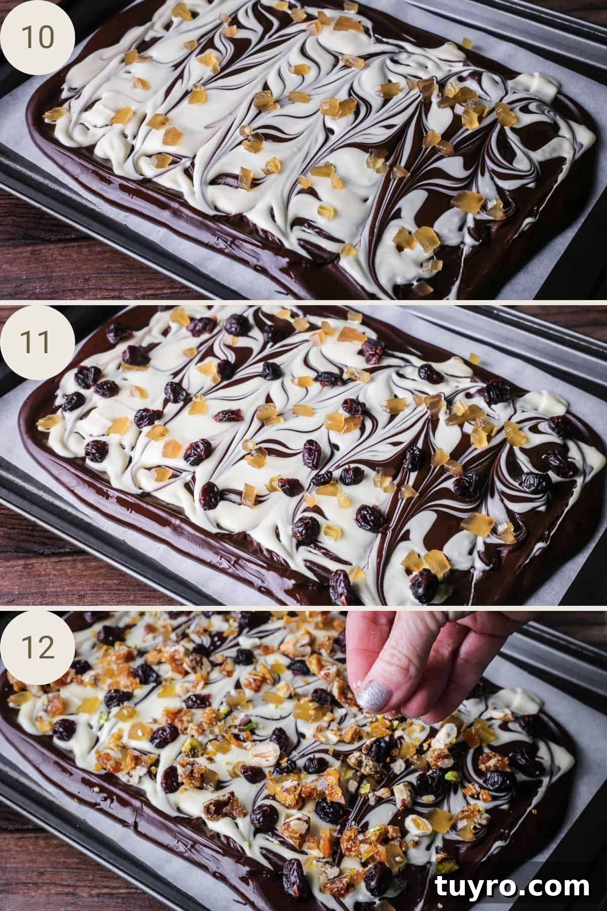 Christmas Chocolate Bark Recipe with Festive Toppings 10 Stem ginger, cranberries and caramelised nut and salt scattered over.