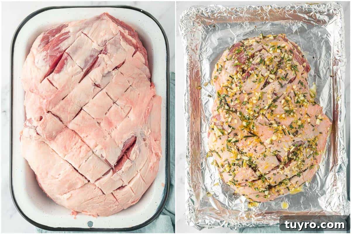 Boneless Leg of Lamb Roast Recipe: Tender, Juicy, Oven-Roasted 5 Scored and marinated leg of lamb.