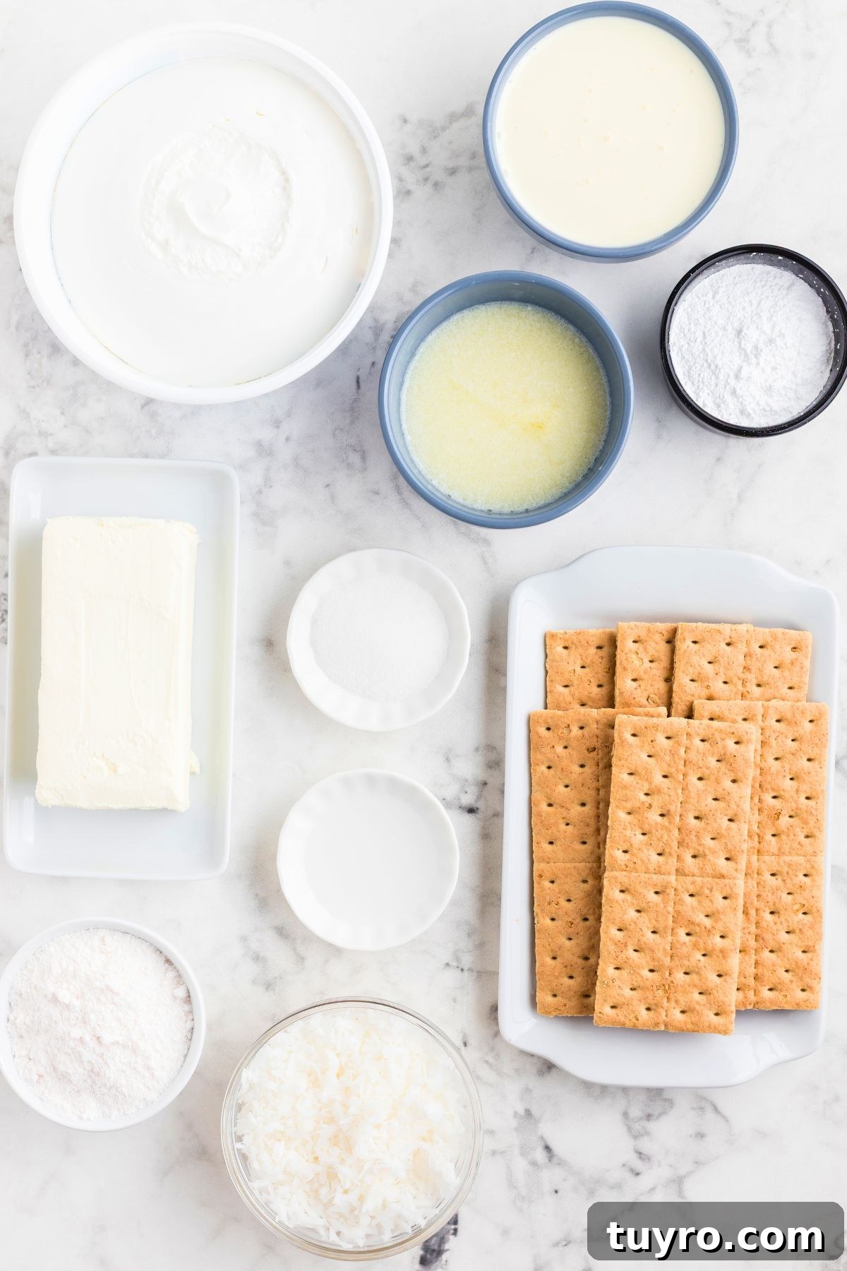 Coconut Delight: Creamy Coconut Dessert Recipe for Home Bakers 3 Ingredients needed to make coconut delight measured in small bowls.