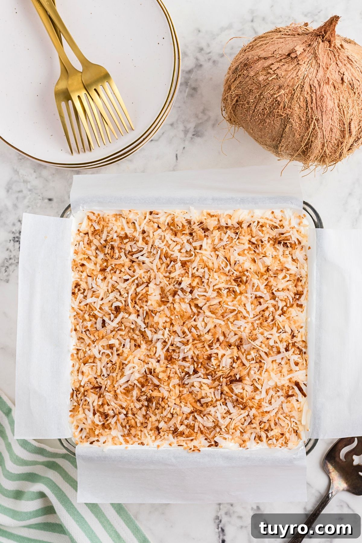 Coconut Delight: Creamy Coconut Dessert Recipe for Home Bakers 7 Coconut delight dessert topped with toasted coconut on a marble table.