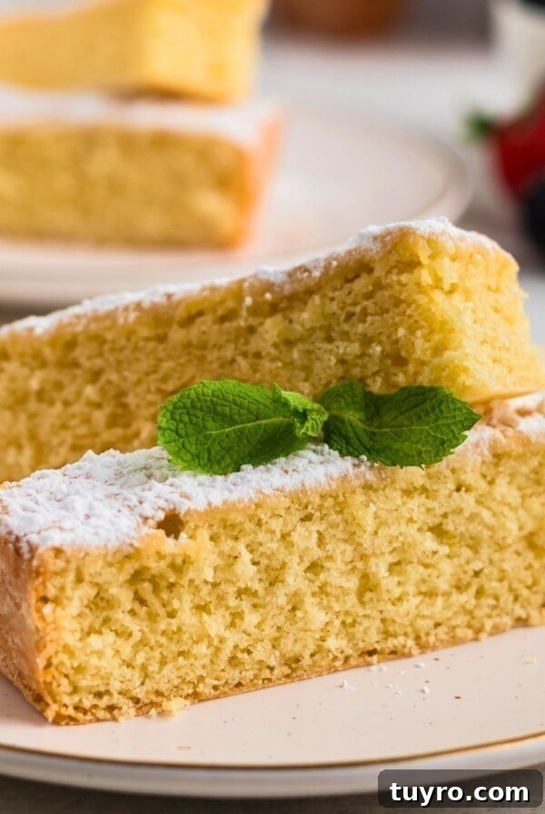Coconut Delight: Creamy Coconut Dessert Recipe for Home Bakers 10 Golden yellow butter cake slices on white plates topped with powdered sugar with berries on the table.
