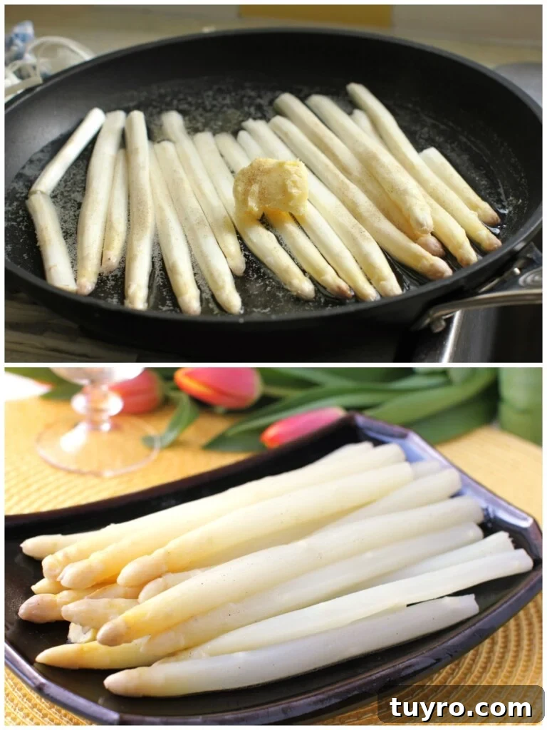 Classic Hollandaise Sauce Recipe for White Asparagus 5 Peeled asparagus, butter, salt, white pepper, and water in the skillet; second image shows the asparagus ready to serve.