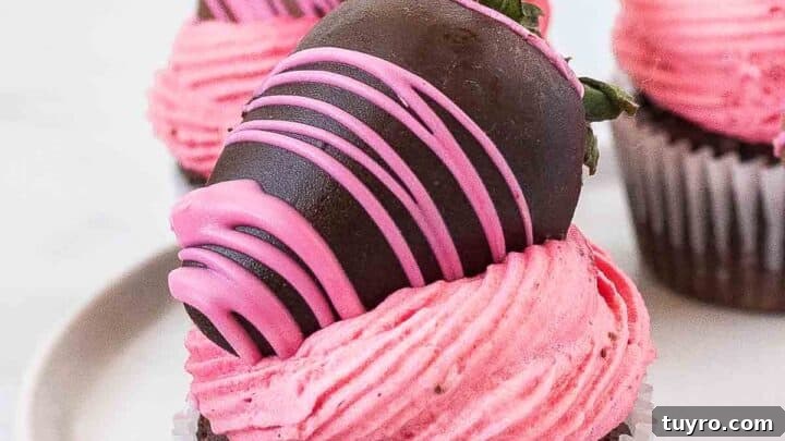 close up of strawberry chocolate cupcake