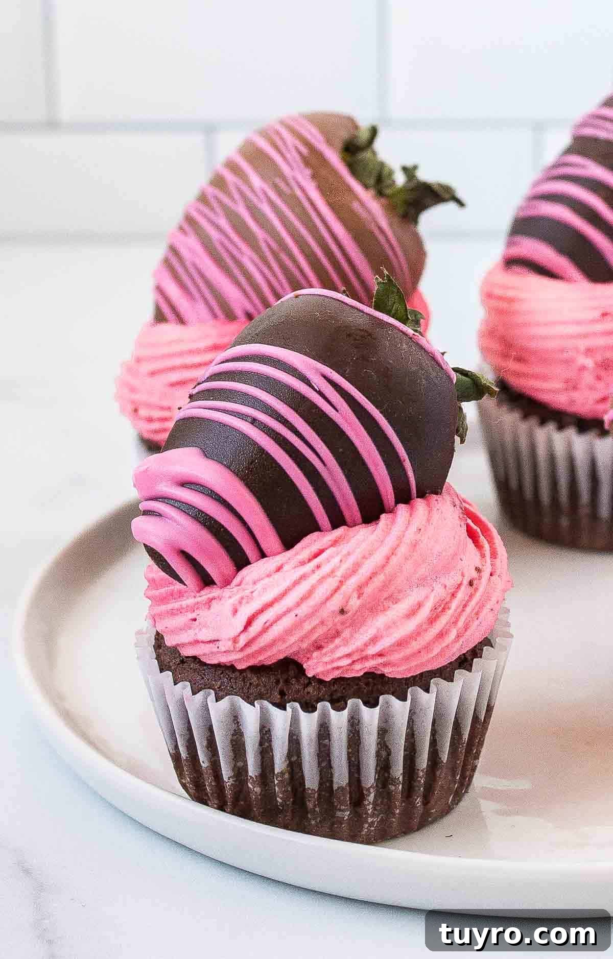 close up of strawberry chocolate cupcake