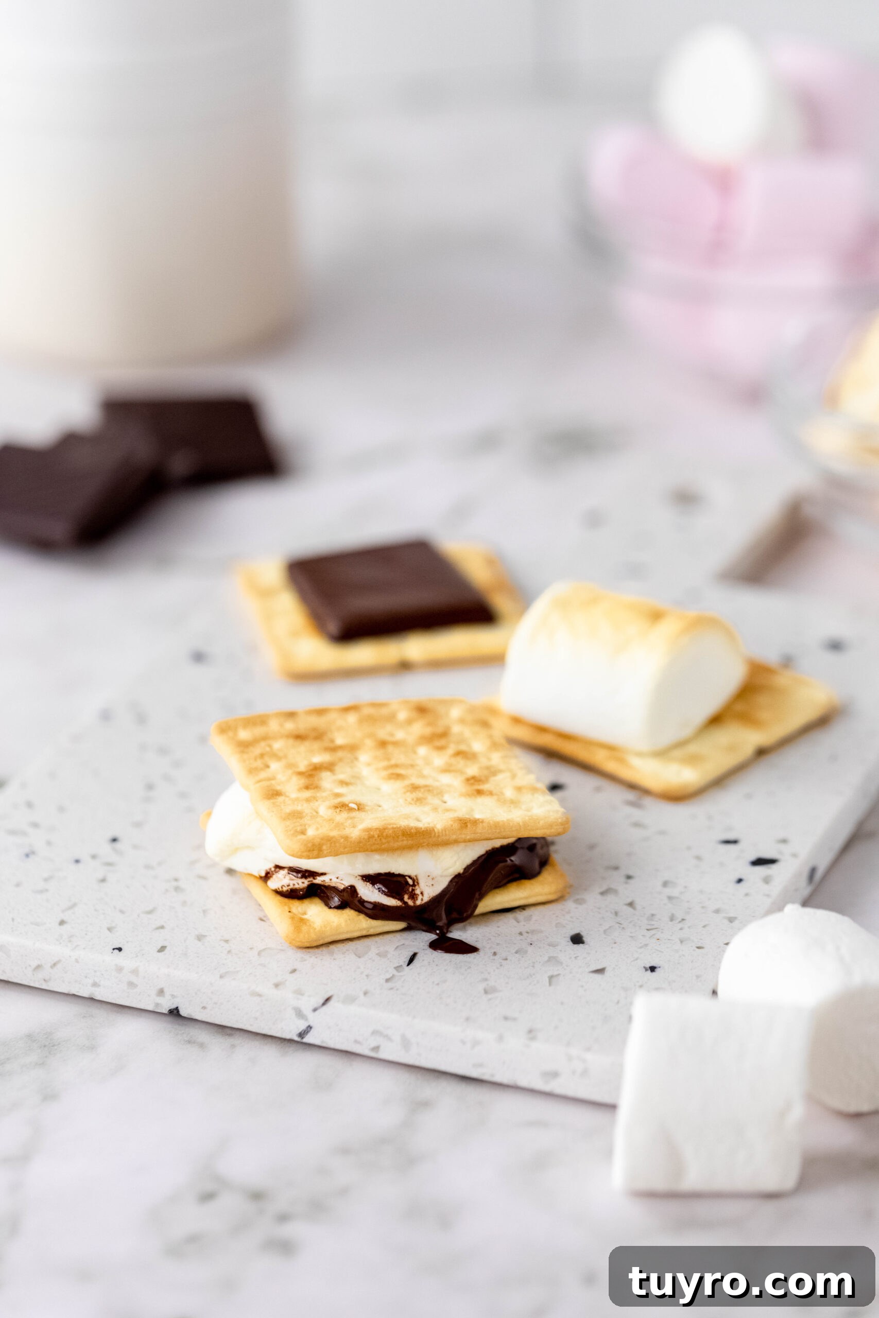 Air Fryer Smores Recipe 9 Melty, gooey marshmallow and melted chocolate sandwiched together between graham crackers.