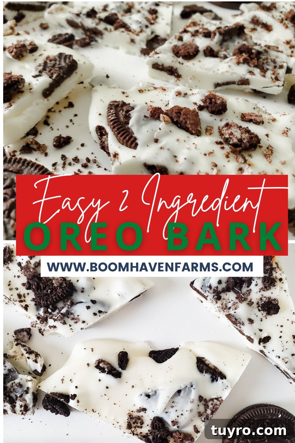 Oreo Bark Cookies and Cream Recipe: Simple No-Bake Dessert 7 collage image or oreo bark