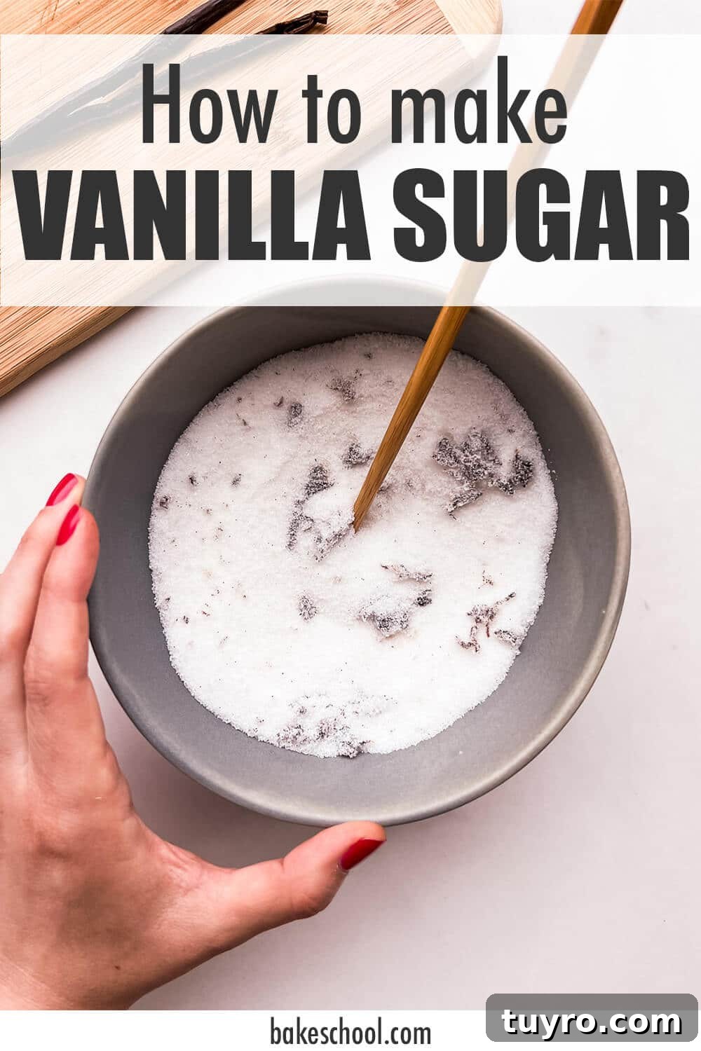 Make Vanilla Sugar at Home: Simple Recipe and Uses 2 Mixing vanilla bean seeds (caviar) with granulated sugar in a bowl to make vanilla sugar.