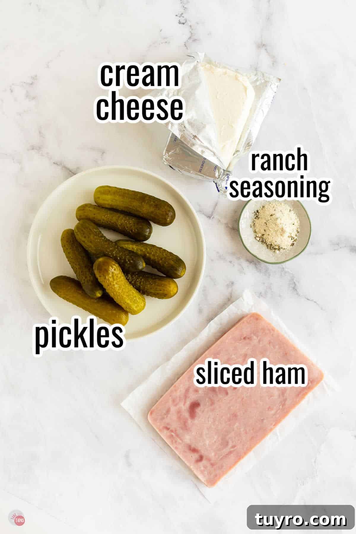 Crunchy Pickle Roll-Ups: Savory Snack Wrap Recipe 3 ingredients for recipe with text overlay labeling them