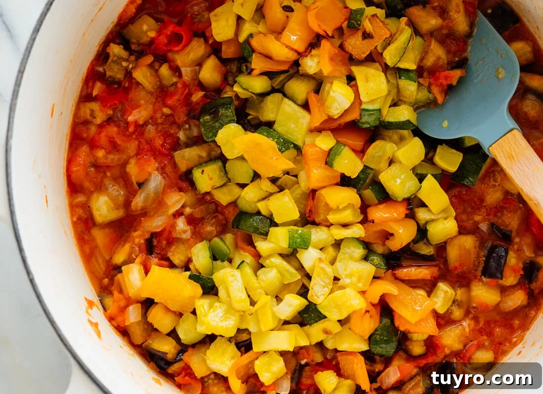 Classic French Ratatouille with Fresh Vegetables 7 adding roasted squash to ratatouille
