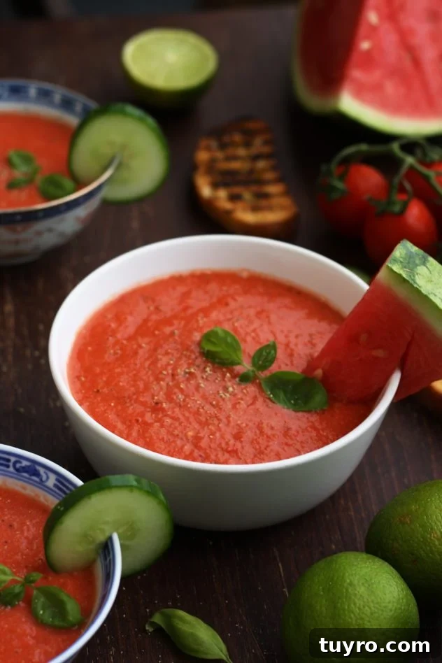 Refreshing and light watermelon gazpacho is a perfect vegan and raw summer soup. This easy recipe only takes 15 minutes to make!