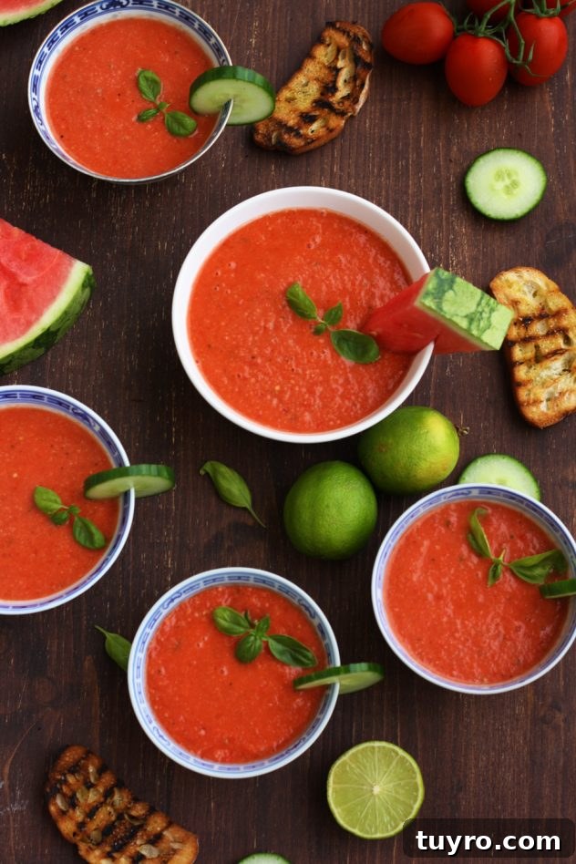 Refreshing and light watermelon gazpacho is a perfect vegan and raw summer soup. This easy recipe only takes 15 minutes to make!