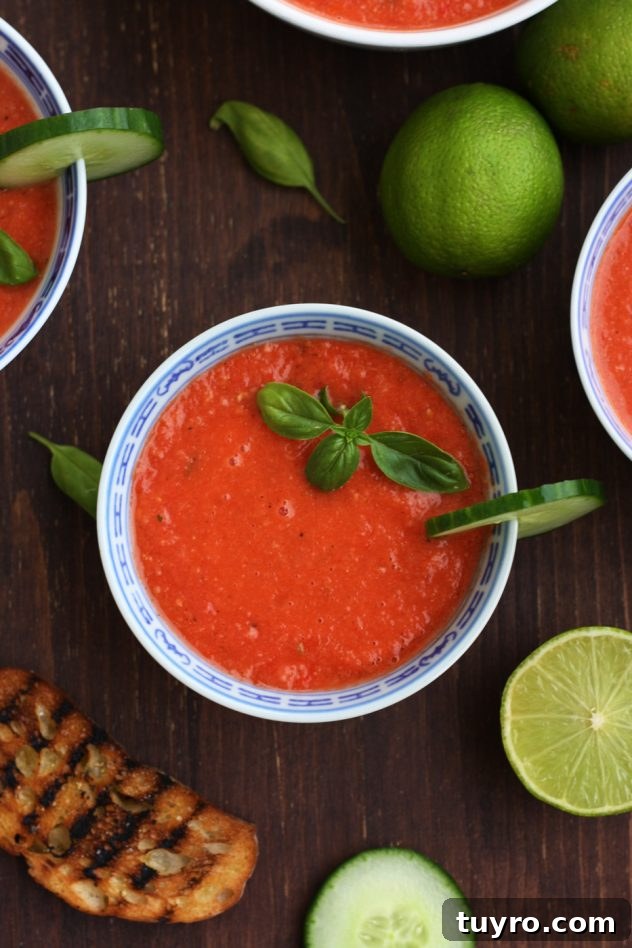 Refreshing and light watermelon gazpacho is a perfect vegan and raw summer soup. This easy recipe only takes 15 minutes to make!