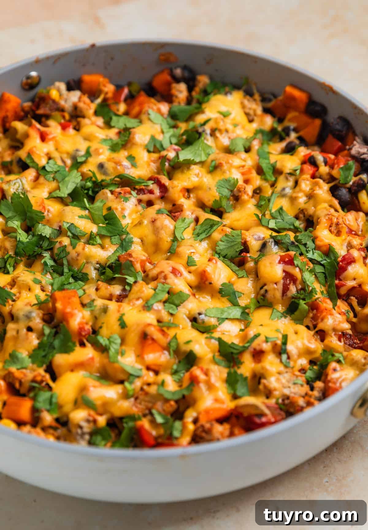 Cheese melted over top of skillet dinner with chopped cilantro over top.