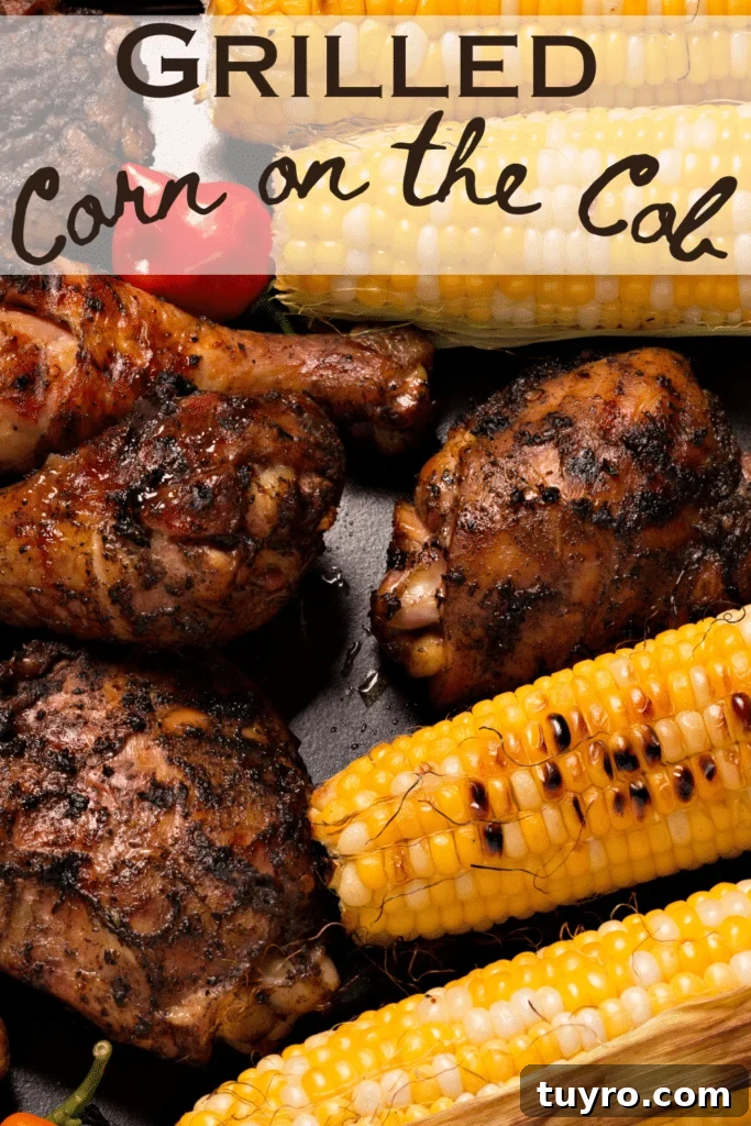 Grilled Corn on the Cob: How to Grill Perfect Corn Every Time 5 grilled corn and chicken with text
