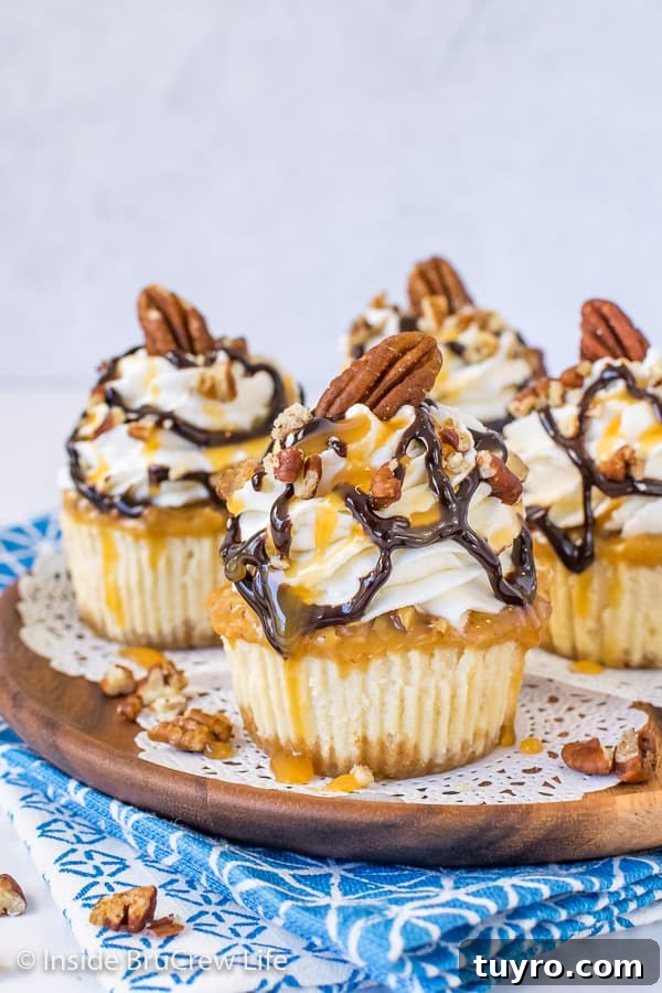 Mini Turtle Cheesecakes A brown wooden plate with four mini turtle cheesecakes topped with whipped cream and chocolate and caramel drizzles