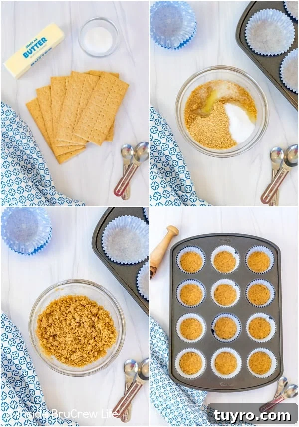 How to make a cheesecake cupcake crust Four pictures collaged together showing how to make mini cheesecake crusts