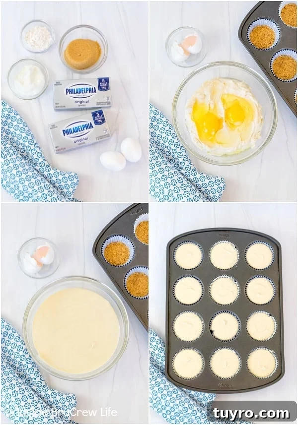 How to make Cheesecake Cupcakes Four pictures collaged together showing how to make cheesecake cupcakes