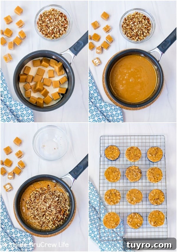 How to make Caramel Pecan Topping Four pictures collaged together showing how to make caramel pecan topping