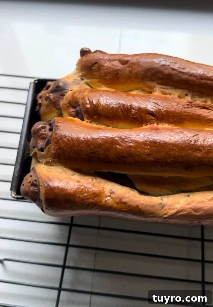 Leopard Milk Bread Recipe: Marbled Hokkaido-Style Loaf 13 Baked leopard print bread in a loaf pan.