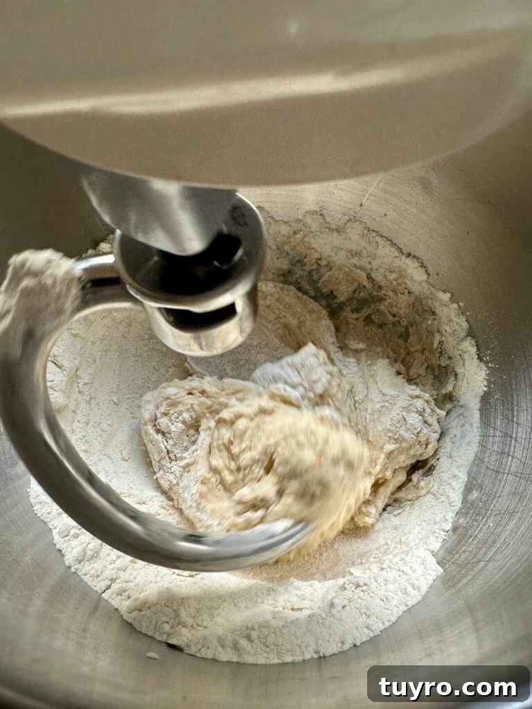 Leopard Milk Bread Recipe: Marbled Hokkaido-Style Loaf 5 Flour mixing into a dough in the bowl of a stand mixer with dough hook.