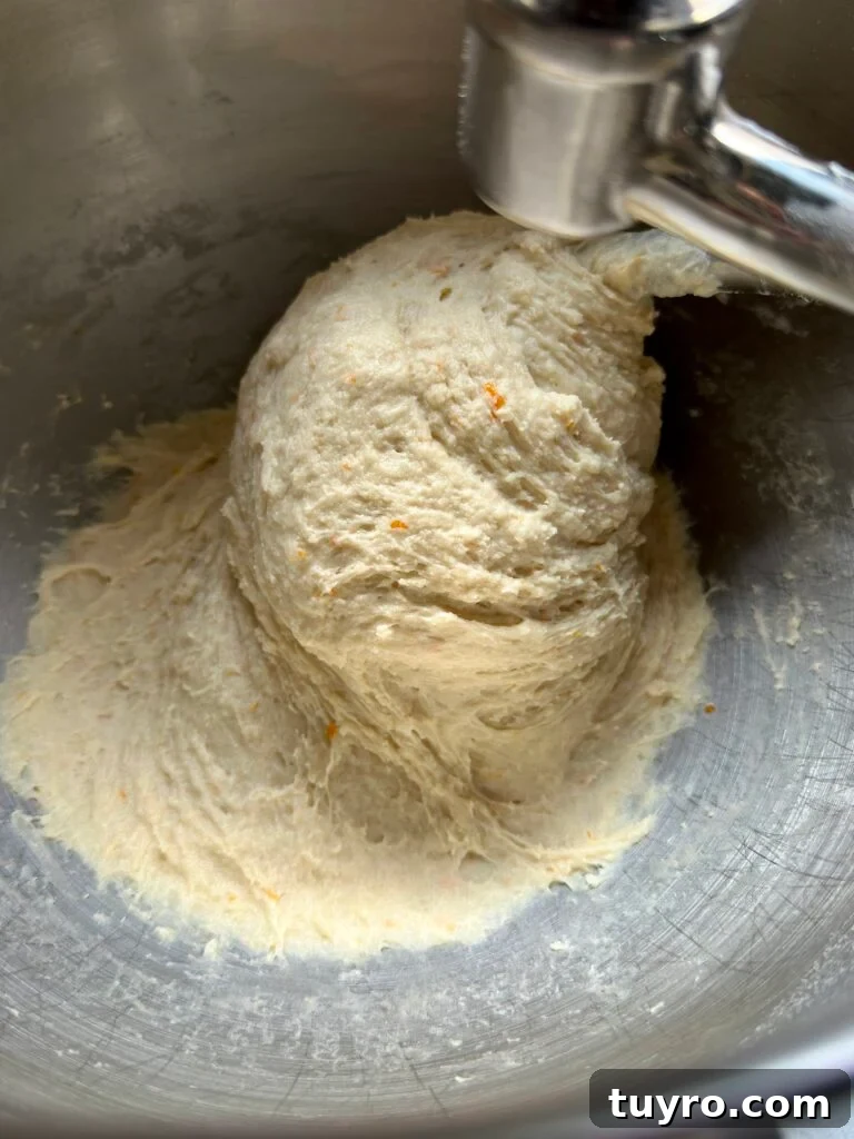 Leopard Milk Bread Recipe: Marbled Hokkaido-Style Loaf 6 Shaggy bread dough on a mixing hook in a bowl.