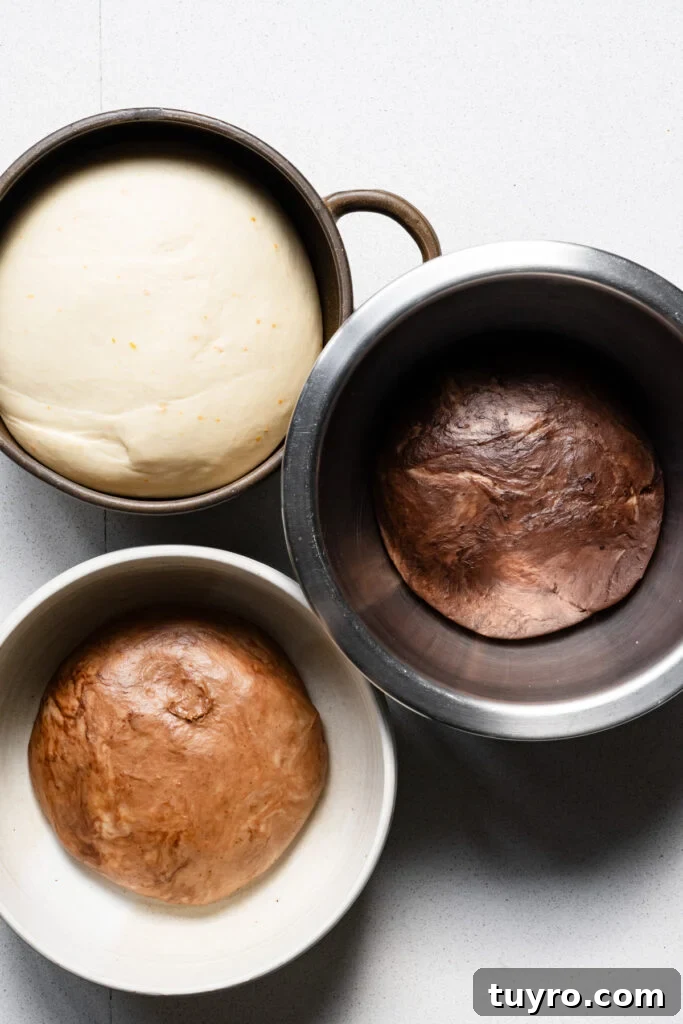 Leopard Milk Bread Recipe: Marbled Hokkaido-Style Loaf 9 Overhead of three balls of dough in bowls, one natural and two chocolate doughs.