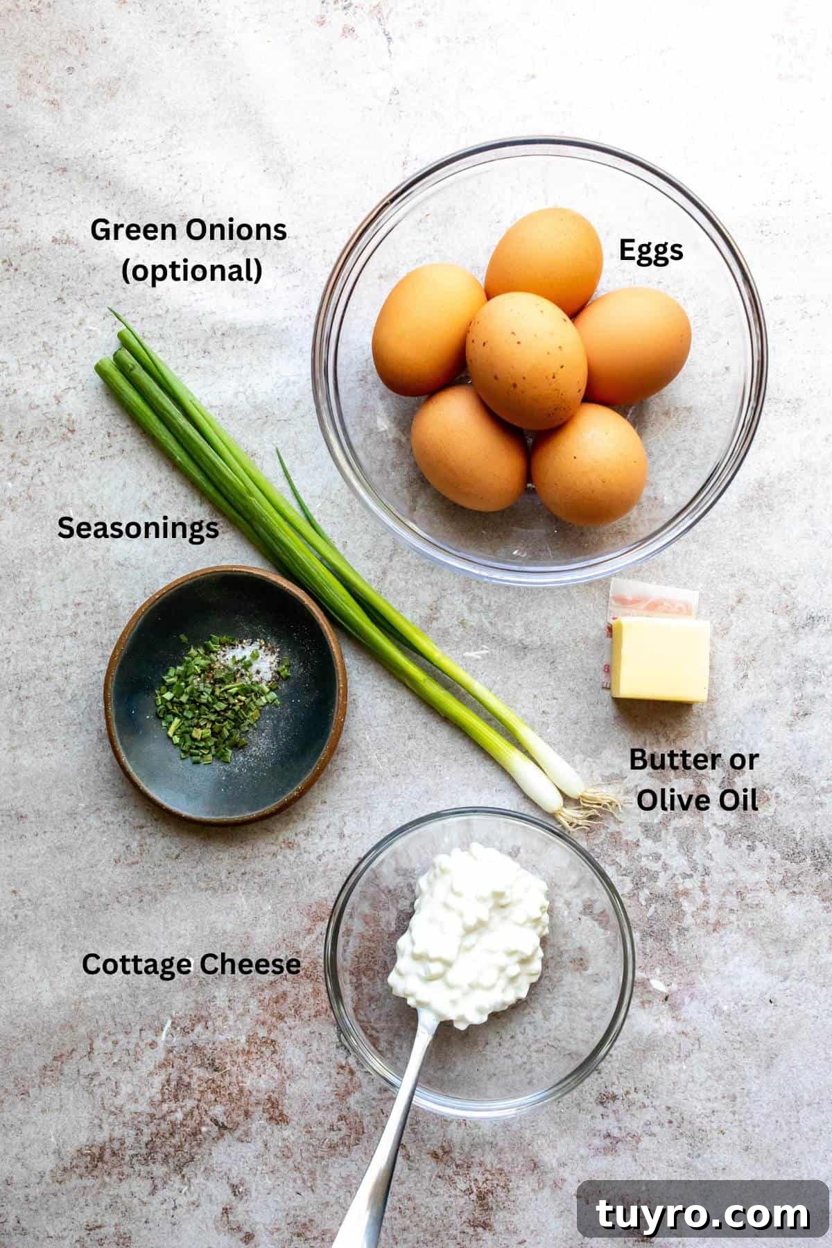 Overhead shot of ingredients on a counter in small bowls.