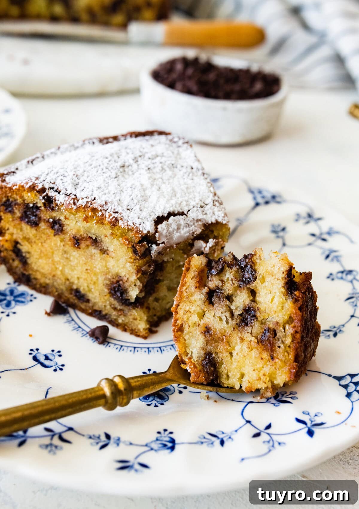 Classic Italian Chocolate Chip Ricotta Cake Recipe 8 One slice of chocolate chip ricotta cake on a white plate with blue flowers on it. Gold spoon on the plate. Bite taken out of cake.