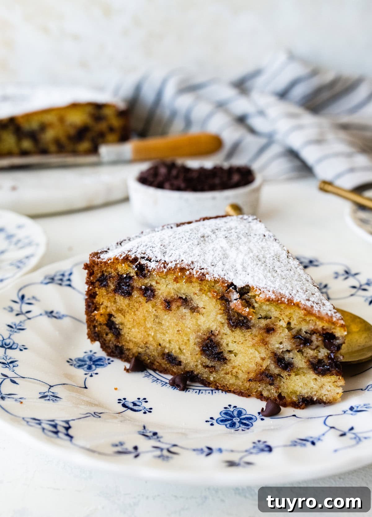 Classic Italian Chocolate Chip Ricotta Cake Recipe 3 One slice of chocolate chip ricotta cake on a white plate with blue flowers on it. Gold spoon on the plate.