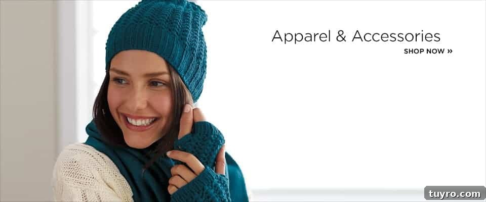 Image shows a woman with dark hair wearing a turquoise winter hat, gloves and scarf. Text reads "Apparel and Accessories"