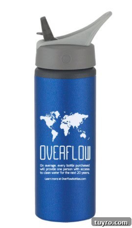 Image shows a blue water bottle with text that reads "Overflow" and a map of the world on it